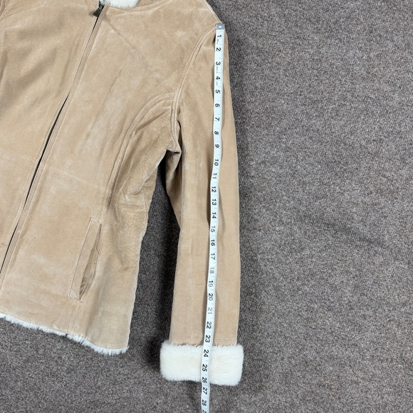 Vintage Beige Tan Suede Leather Hooded Faux Fur Lined Jacket Women’s M Retro Y2K - Picture 7 of 9